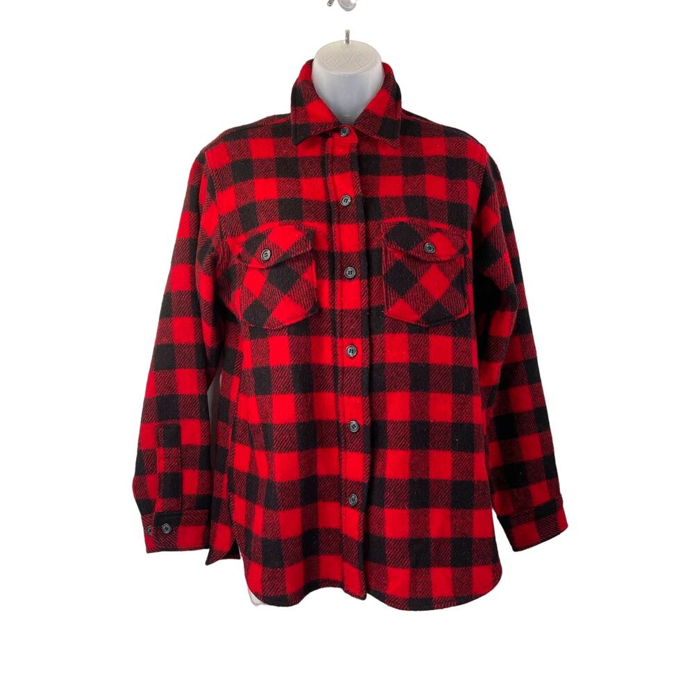 Lands' End Buffalo Check Wool Shirt Vintage Red Black Plaid Heritage Americana